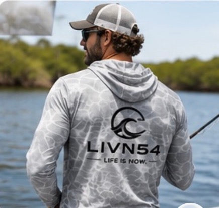 LIVN54 Custom UPF Hooded Water Camo Shirt - Columbia Blue and Pearl Gray