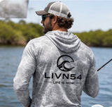 LIVN54 Custom UPF Hooded Water Camo Shirt - Columbia Blue and Pearl Gray