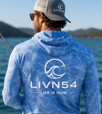 LIVN54 Custom UPF Hooded Water Camo Shirt - Columbia Blue and Pearl Gray